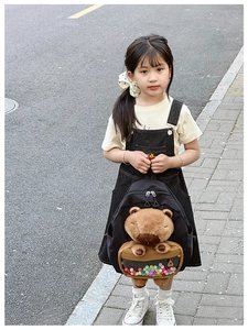 Detail of children's black canvas backpack with plush capybara and colorful decor balls