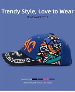 Close-up of geometric graffiti and orange 3D AG embroidery on a navy cotton baseball cap