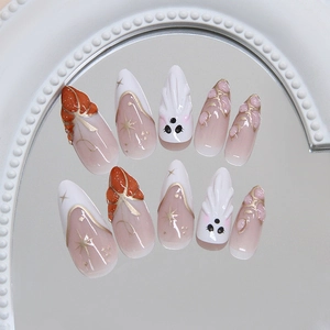 3D Halloween press on nails with star patterns, white ghosts, and pink stiletto design