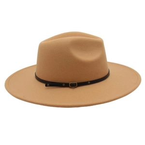 Close-up of a tan felt fedora hat featuring a black leather belt buckle band
