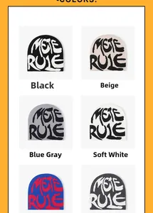 Detailed grid view of knitted beanies in six colors with jacquard lettering design