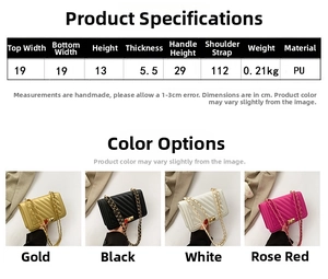 Size guide for quilted chain bag showing dimensions, strap length, and material details