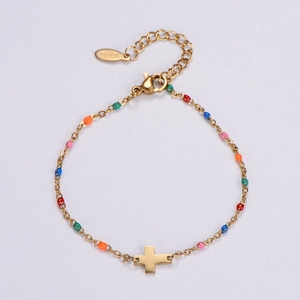Bracciale croce in acciaio inossidabile con perline colorate in smalto rosso, verde e blu