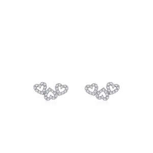 925 Sterling Silver Stud Earrings For Women Three Hollow Hearts Micro Pave Cubic Zirconia Elegant Jewelry Ins Style