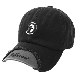 Distressed black cotton baseball cap with D logo embroidery and frayed edge brim