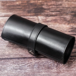 Vintage black crazy horse leather watch roll organizer with round buckle closure for 3 watches