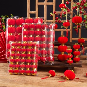 Mini Chinese Red Lanterns Flocking Fabric Gold Trim Hanging Ornament For Lunar New Year Spring Festival Wedding Decor