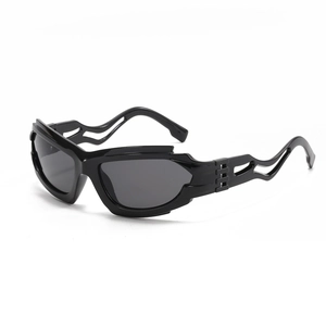 Futuristic black hollow frame sunglasses with streamlined design for men and women
