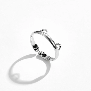 Minimalistischer S925 Silberring mit Katzenohren und Pfotenabdrücken für Damen