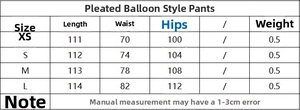 Size chart for pleated balloon trousers showing length, waist and hip measurements