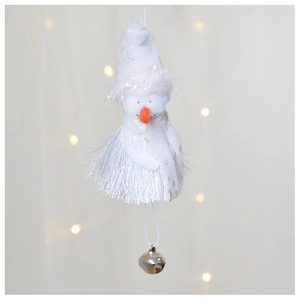 Plush Christmas snowman ornament with silver glitter hat and metallic bell detail
