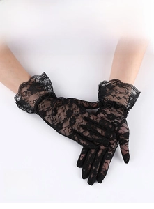 Close-up of black lace sunscreen gloves featuring sheer floral patterns and ruffled cuffs