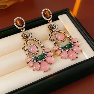 Vintage Flower Teardrop Dangle Earrings With Silver Earring Post Alloy Resin Rhinestone Victorian Jewelry For Women