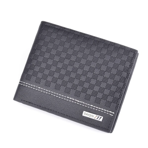 Men's bifold black wallet featuring classic plaid texture and elegant white stitching