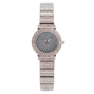 Elegant silver-toned women's quartz watch featuring a full iced-out rhinestone dial and band