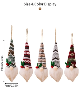 Detailed size display of 5 festive knitted Christmas gnomes with LED light and hanging ropes