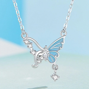 Copper Butterfly Pendant Necklace Rhinestone Artificial Pearl Enamel Butterfly Snake Design Fashion Jewelry For Women