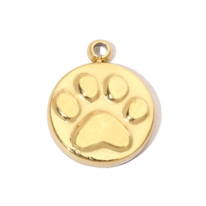 Close-up of a gold-plated stainless steel round pendant featuring a raised paw print design