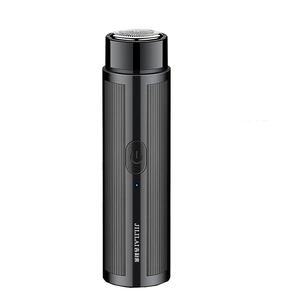 Portable mini electric shaver for men featuring a black cylindrical metal body with LED indicator