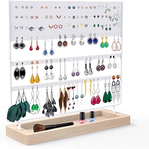White 144-hole metal earring organizer with a detachable wooden base stand