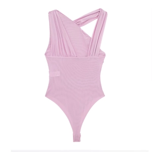 Close-up of pink asymmetrical pleated tulle bodysuit with crossover halter neck design