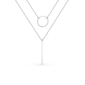Minimalist S925 silver double-layer geometric necklace with ring and bar pendants