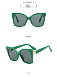 Detailed views of green cat-eye sunglasses with positive and side angle frames