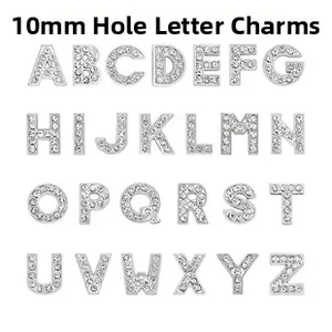 Detailed set of 26 rhinestones inlaid silver alloy letters with 10mm slide-on aperture