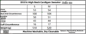 Size guide table for women's zip-up knit cardigan showing measurements and fabric care