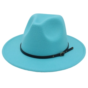 Detail of teal fedora hat with black PU leather belt strap and metal buckle accent