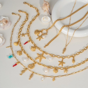 Ocean Theme Pendant Necklace Stainless Steel Artificial Pearl Starfish Shell Fish Chili Turquoise Gold Plated Waterproof Jewelry