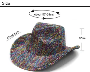Size chart showing 57-58cm circumference and 8cm brim of colorful cowboy hat