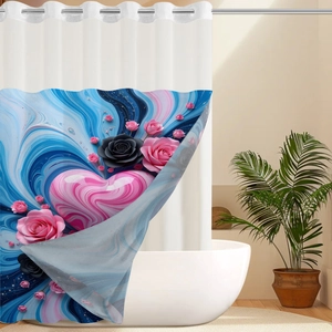 Detail of 3D heart and rose print shower curtain with reinforced metal grommets