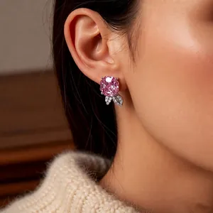 Elegant silver pin zircon ice rose stud earrings with pink gemstone and leaf accents