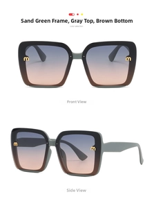 Close-up of matte green oversized sunglasses with gradient lenses and gold metal M logo