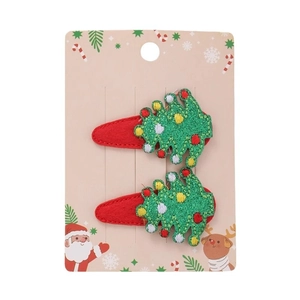 Two-piece green felt Christmas tree hair clips for kids on a festive reindeer card