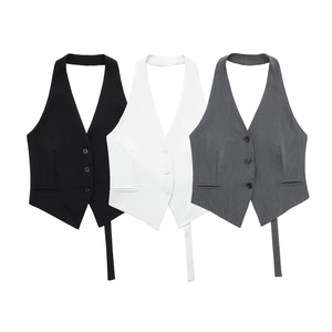 Gilet De Costume Dos Nu Pour Femmes Polyester Boutons Ourlet En V Haut Streetwear Sexy