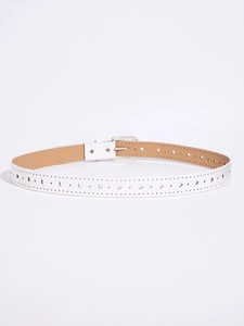 Detailed view of white leather belt with heart-shaped cutouts and silver square buckle