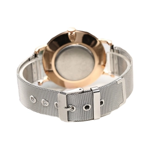 Stylish quartz watch with silver mesh strap and rose gold back case in back view