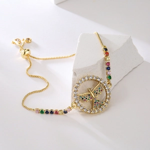 18K gold-plated bracelet with rainbow zircon stones and a dragonfly circle pendant