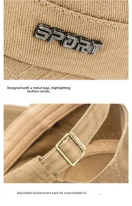 Detail of SPORT metal logo and bronze adjustable strap on khaki cotton flat top cap
