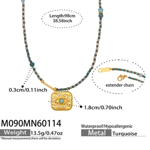Detail showing 98cm turquoise beaded necklace with evil eye charm and size specs