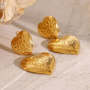 French vintage 18k gold stainless steel heart earrings with embossed floral texture
