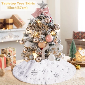 Plush 15-inch white Christmas tree skirt with silver snowflake patterns for tabletop trees