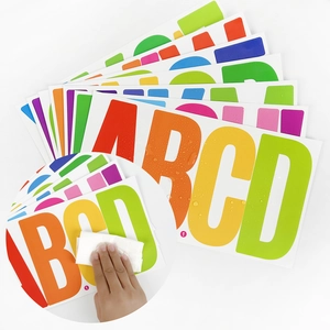 Detail showing waterproof 6-inch alphabet stickers being wiped with water droplets