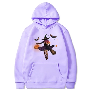 Light purple Halloween hoodie with witch and pumpkin prints featuring long sleeves and hood