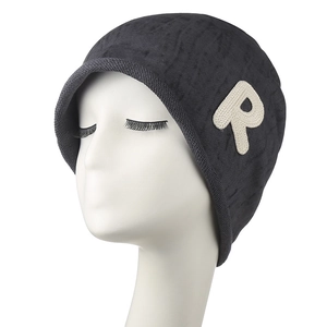 Dark grey knit beanie with R letter patch and rolled edge for a casual winter look