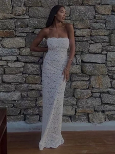 Elegante witte kanten strapless maxi-jurk voor dames in een nauwsluitende stijl