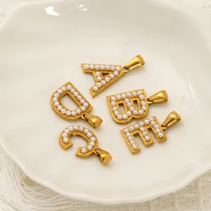 Gold 18K plated alphabet pendants with pearls A-M for DIY stainless steel jewelry