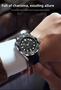 Macro shot of a men's dive watch with black wave dial and luminous markers on wrist